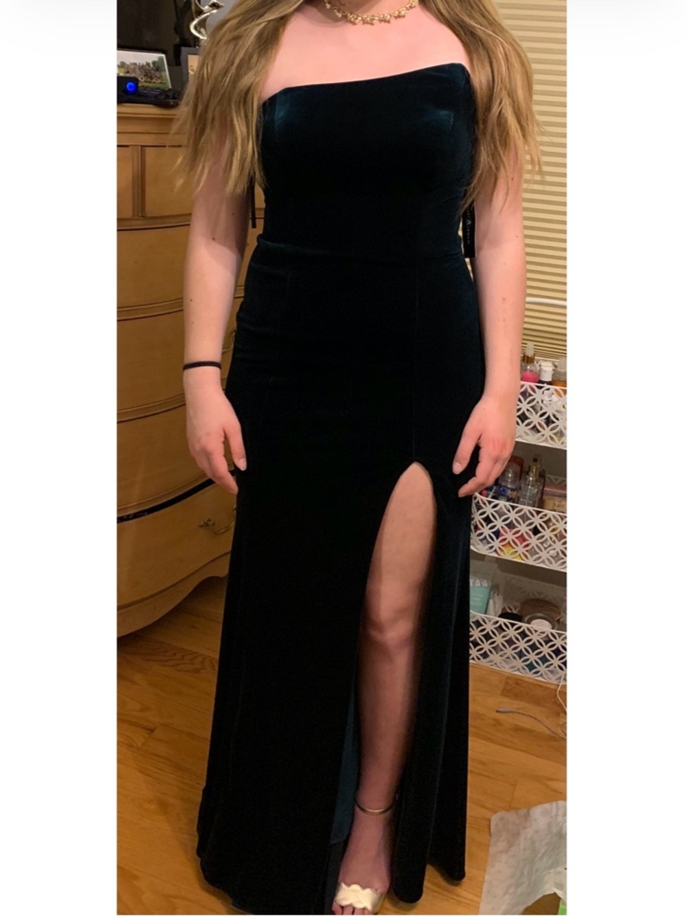 Strapless Velvet Evening Gown with Thigh Slit - Emerald Green